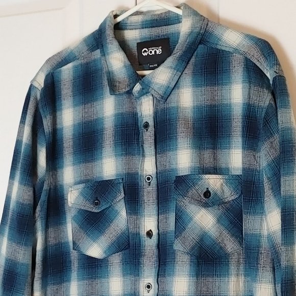 Warehouse One Men's Sz XXL Teal/Navy Blue Long Sleeve Shirt w Pockets - Picture 6 of 12